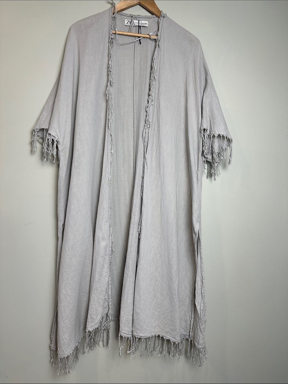 Zara 100% Cotton Kimono fringed bathing suit cover up Cape gray boho Lagenlook
